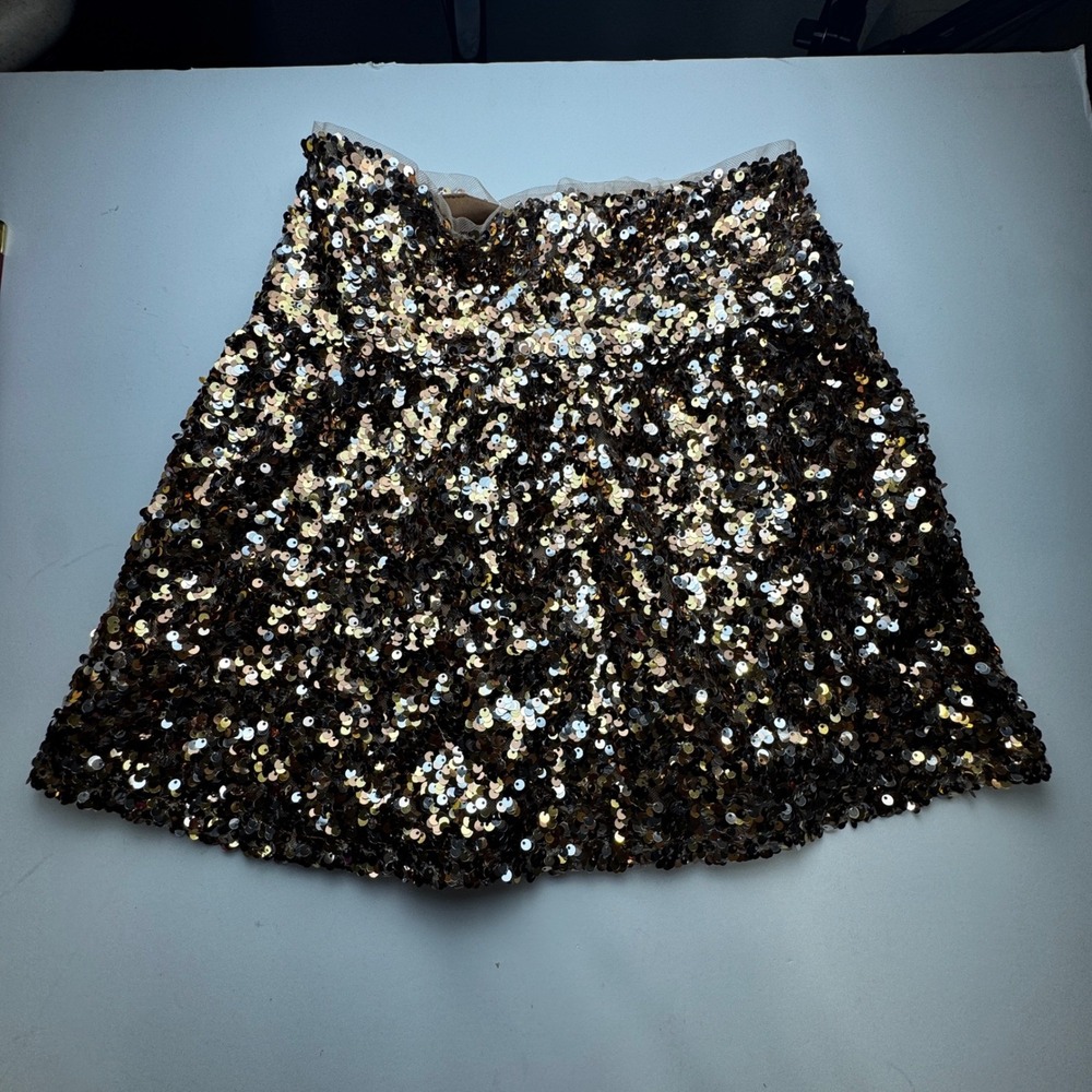 Girls Gold Bronze Sequin Mini Skirt Elastic Waist Party Dance Holiday Size 7/8